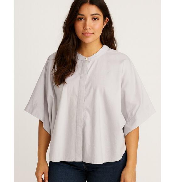 Bryn Walker SZ L 100% Cotton Short Sleeve Poncho Style Button Up Shirt LT Gray - Picture 1 of 4